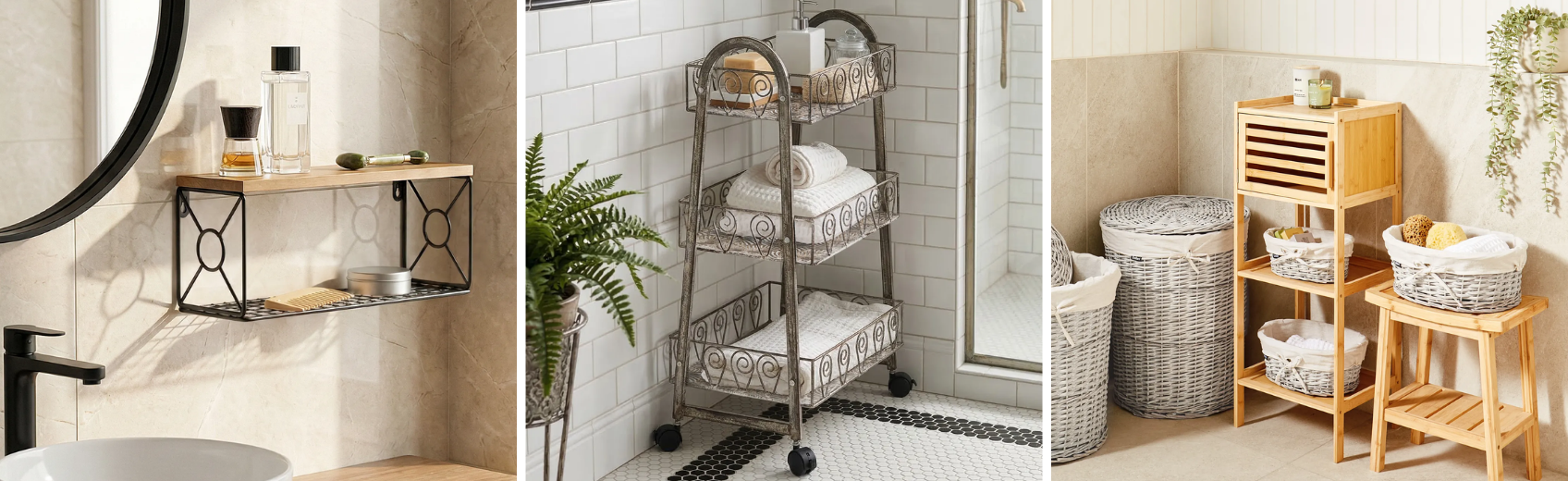 baskets and boxes as bathroom storage solutions