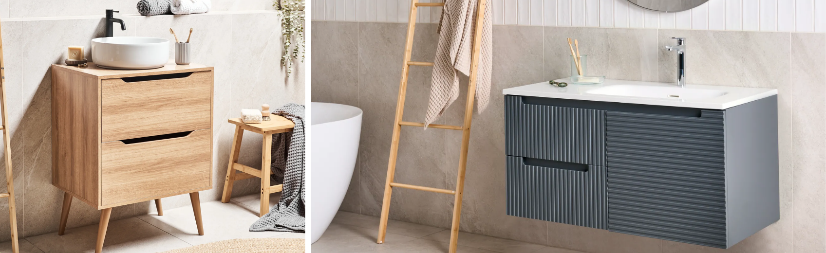 classic wooden vanity cabinet versus modern hanging grey vanity unit