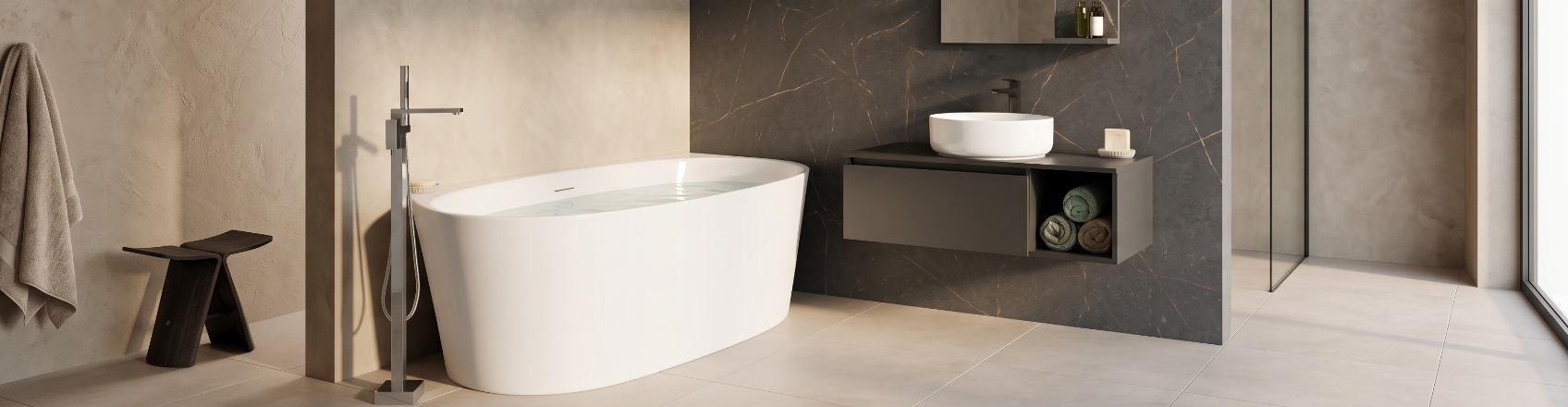 elegant white bath tub in a modern beige and black bathroom