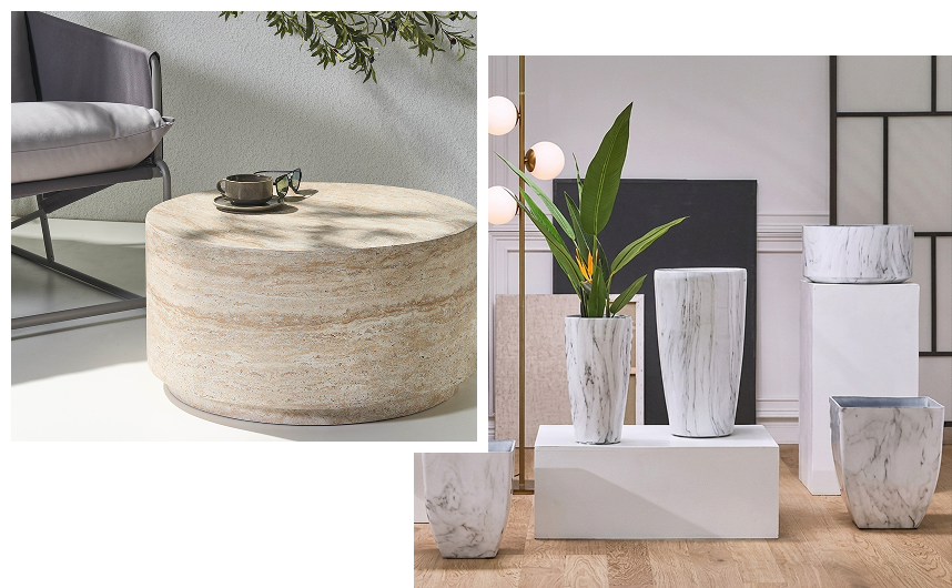 coffee table and vases in stone effect look