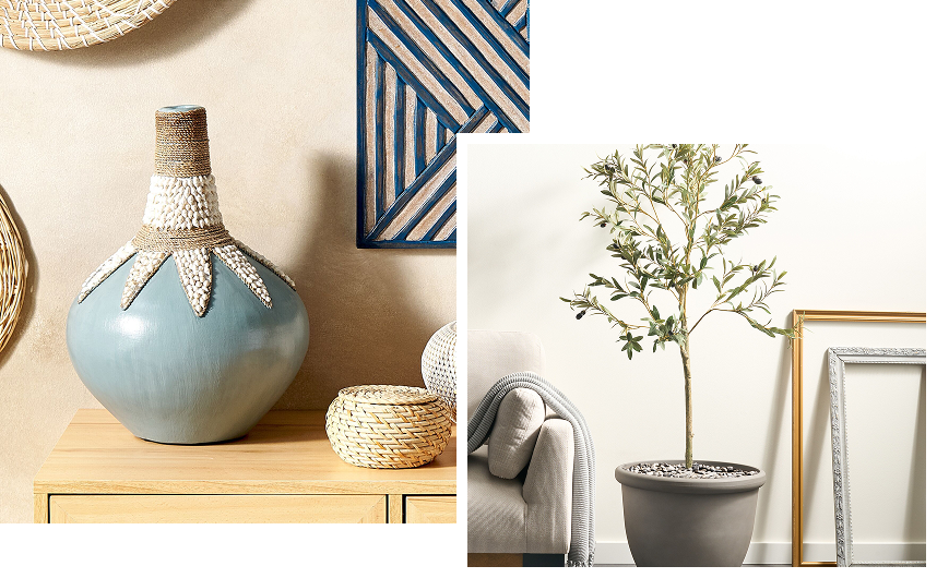 mediterranean-style flower vase and plant pot with an olive tree