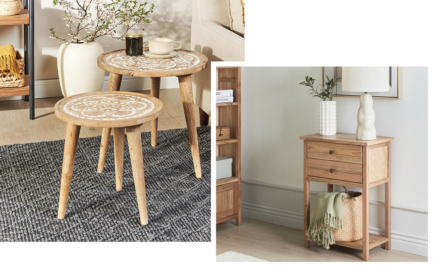 Natural wood side tables and small sidebaord in a living room