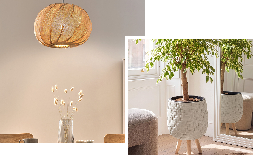 Pendant lamp and elevated plant pot for mediterranean-style living room furniture